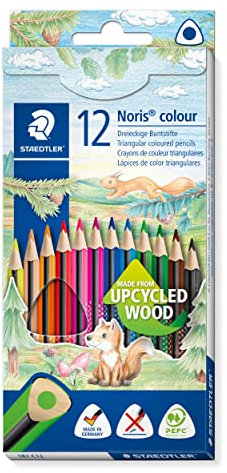 STAEDTLER Buntstifte Noris colour, ergonomisches Dreikantformat, rutschfeste Soft-Oberfläche, hohe Bruchfestigkeit, Made form Upcycled Wood, 12 Farbstifte im Kartonetui, 187 C12