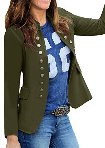 Roskiky - Veste décontractée unie pour femme, ouverte sur le devant, avec boutons et col montant, vert militaire, XXL