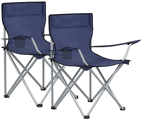 SONGMICS Fällbara campingstolar, set med 2 utomhusstolar, med armstöd, kopphållare, bärbar, 120 kg kapacitet, för camping, trädgård, fiske, strand, balkong, mörkblå GCB01IN
