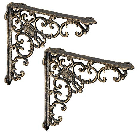 Relaxdays Regalwinkel antik, 2er Set, Regalträger Gusseisen, Bronze | Barocke Ornamente, Winkel für Regalboden, Vintage