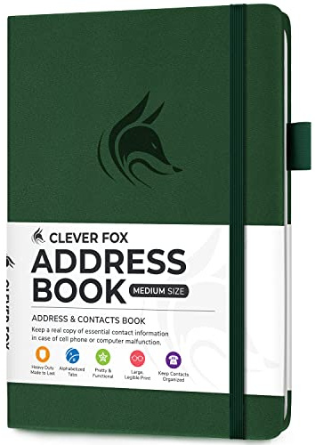 Clever Fox Address Book with alphabetic tabs - PU Leather Telephone and Address Book for Keeping Contacts Safe, Contact Organizer Journal, Medium Size (5.3″ x 7.7″) Hardcover, Forest Green