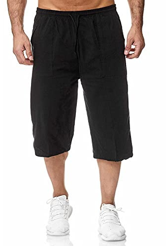 Remxi Uomo Lino Pantaloncini Shorts da Pantaloni Uomo 3/4 Cotone Lino Pantaloni Uomo Estate Vita Elastica La Spiaggia Nero XXL