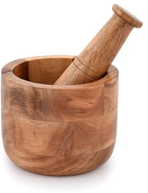 Samhita Mortero de madera de acacia hecho a mano, perfecto para moler hierbas, ajo, especias de nuez y uso esencial de cocina