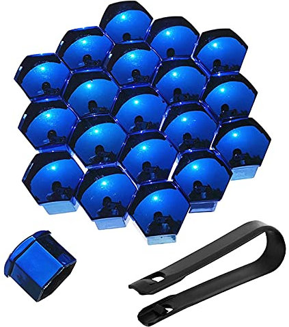 20 StüCke Rad Mutter Cap Universal Reifen Mutter Covers, Kunststoff Nut Abdeckkappe Schraube Auto Mutter Covers Bolt Radkappen, Sechskant-Reifenmuttern Abdeckungen Mit Entfernung Werkzeug (blau-17mm)