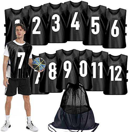 PULUOMASI Scrimmage träningsväst (12-pack) lag sport pinnies tröjor för vuxna ungdomar fotboll haklappar numrerade träningströjor, Svart, M