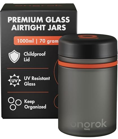 ONGROK Glass Storage Jar, 1L, Single Pack, UV Herb/Spice Jar with Child Resistant Lid, Color-Coded Glass Containers Air Proof to Preserve Smell and Aroma, Perfect Size to Store in a Drawer or Cupboard