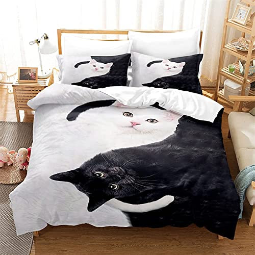 3D Bettwäsche 200x200 cmSchwarze Und WeißE Katze Bettbezug Set für Kinder Jungen Mädchen Weich Atmungsaktiv Microfaser Betten Set mit Reißverschluss und 2 Kissenbezug 80x80 cm