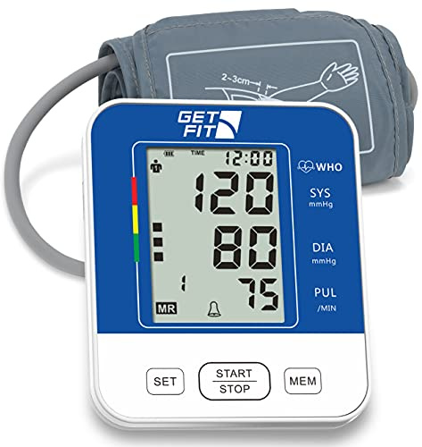 Get Fit Blutdruckmessgerat fur den Heimgebrauch - Medizinisches Oberarm-Blutdruckmessgerat - Pulsmesser - 2x99 Speicher - Große Manschette fur Erwachsene - LCD-Display - Blau - 35-52cm