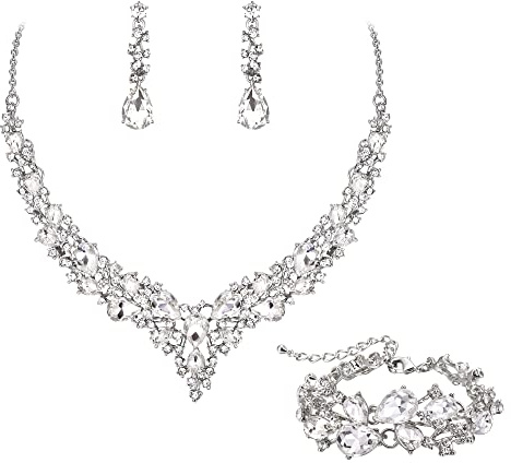 Ever Faith Wedding Bridal Jewellery Sets for Women, Sparkly Rhinestone Crystal Floral Teardrop Cluster Statement Necklace Dangle Drop Earrings Bracelet Set 3 Pcs Costume Jewelry Clear Silver-Tone