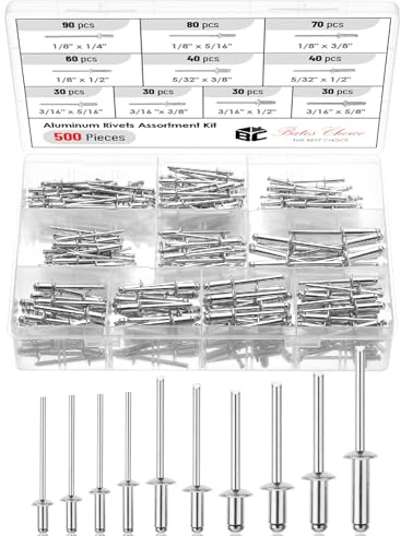 Bates- Pop Rivets Assortment Kit, 500 Pcs, 10 sizes, 1/8, 3/16, 5/32, Silver, Aluminum Rivets, Rivet Assortment Kit, Pop Rivet Kit, Blind Rivets for Metal, Rivet Box, Rivets Aluminum, Rivets Kit