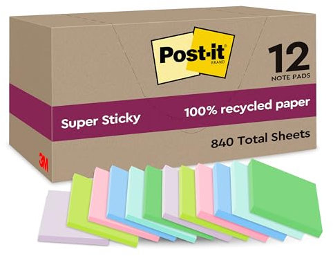 Post-it Super Sticky 100% Recycling Notes, 12 Blöcke, 70 Blätter pro Block, 47.6 mm x 47.6 mm, Pink, Grün, Blau, Violett, Gelb - Extra starke Haftnotizen aus 100% Recyclingpapier