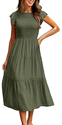 Yuson Girl Vestito Estivo Lungo Donna - Abito Estivo Lungo Collo Rotondo Ragazza con Manica a Volant Vestiti Casuale Eleganti Colori Solidi Abiti Estivi Donna Lunghi(Verde, XL)