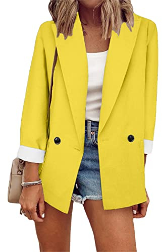 OMZIN Donna Casual Blazer Doppiopetto Aperto Manica Lunga Lavoro Ufficio Giacca Blazer Giallo L