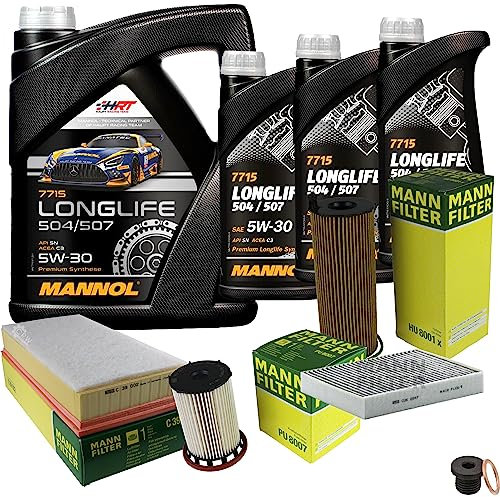 EISENFELS Filter Set Inspektionspaket erstellt mit 8 L Motoröl MANNOL Longlife 504/507 5W-30, MANN-FILTER Ölfilter, Luftfilter, Innenraumfilter, Kraftstofffilter, Verschlussschraube