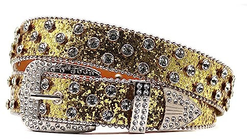 NALANY Strass Gürtel Für Damen Und Herren,Nietengürtel Glänzender Diamant Western Crystal Nieten Cowboy Cowgirl Multicolor Lederriemen Für Jeans Hosen(105cm/waist:35, Gold)
