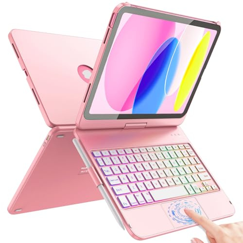 FUWANG Touch Keyboard Case for iPad A16 11th/10th Gen, 360° Rotating, Pink | Multi-Touch Trackpad, 7-Color Backlit, Pencil Holder, Keyboard for iPad A16 11th 11 inch 2025& 10th Generation 10.9 inch 2022