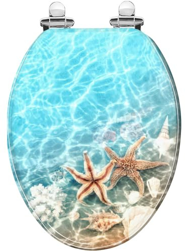 Länglicher Toilettensitz, Koralle, Sommer, Strand, Meer, Wasser, Sommer, Harz, WC-Sitz mit leise schließenden Schnellentriegelungs-Scharnieren, dekorativer WC-Sitz mit Abdeckung, leicht zu reinigen