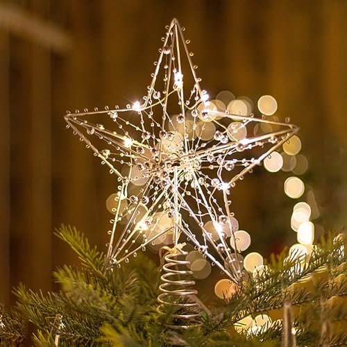 Weihnachtsbaumspitze Stern Topper, Weihnachtsbaum Stern Spitze mit LED Licht, Metall LED Beleuchtete Baumspitze Stern für Weihnachtsbaum, Weihnachtsbaumschmuck, Weihnachtsdeko (A)