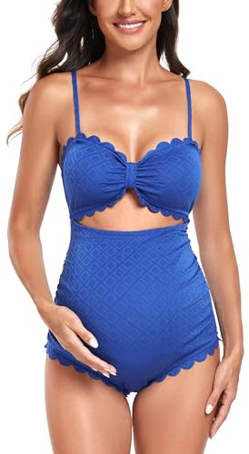 EastElegant Maternity One Piece Swimwear Back Cutout Pregnancy Bikini Scalloped Pregnant Bathing Suit Blue L
