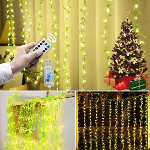 GKKBUFF Guirnalda de hiedra artificial LED - Guirnalda de hiedra artificial - Tornillo falso - Lámpara de pared para dormitorio - 3 m x 1 m - Cortina de iluminación de 100 LED - Lámpara de dormitorio