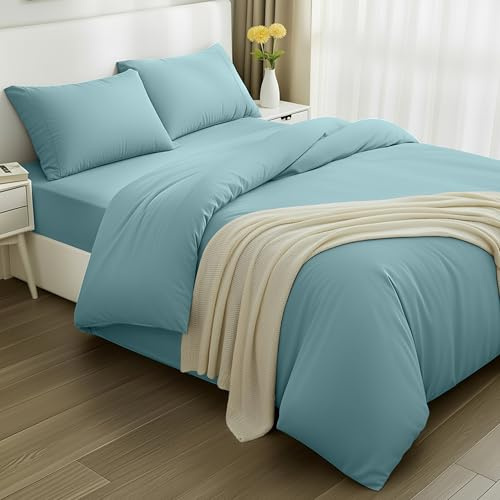Utopia Bedding 4 Piece Double Bedding Set - Duvet Cover, Fitted Sheet with Pillow cases - Soft Brushed Microfiber (Spa Blue)