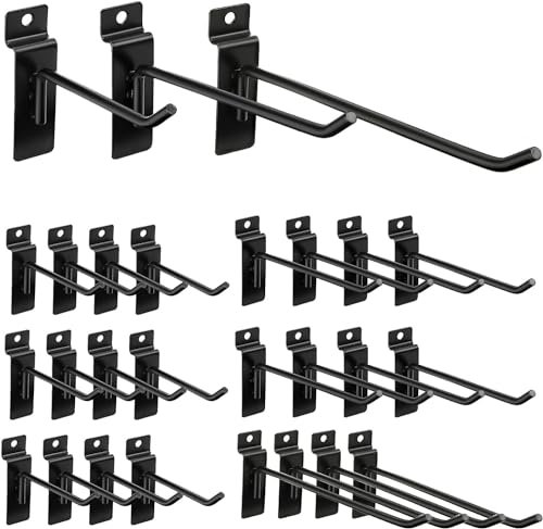KAHEIGN 24 ganci resistenti per pannelli forati, 10 cm, 15 cm, 20 cm, staffe per mensole in acciaio, ganci per pannelli forati, per garage, negozi, negozi e negozi (nero, 3 dimensioni)