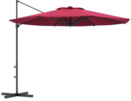 Outsunny Sombrilla de Jardín Ø294x242 cm Parasol de Terraza con Altura Ajustable Poste Giratorio 360° Ángulo de Techo Ajustable y Ventilación Superior para Patio Piscina Rojo Vino