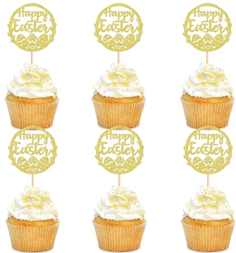 Blumomon 24Pcs Easter Eggs Cupcakes Gold Glitter Happy Easter Cupcake Toppers Egg Cupcake Toppers for Easter Party Cake Decorations