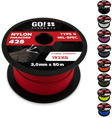 GO!elements Paracord Seil aus reißfestem Nylon - 3mm Paracord 425 Typ II max. 192kg - Schnüre als Outdoor Seil, Allzweckseil, Survival Seil, Armband, Hundeleine, Nylonschnur