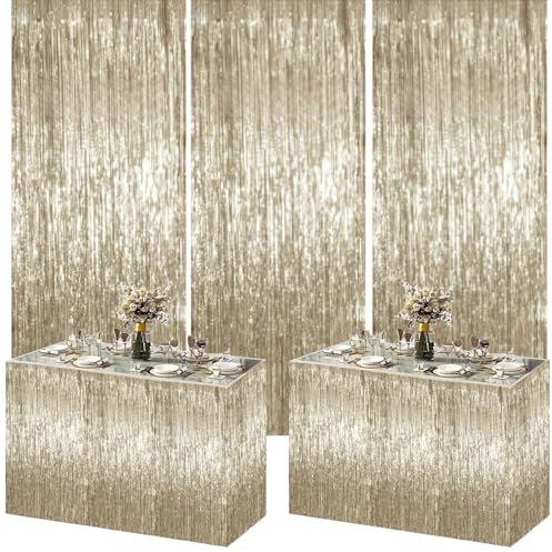 Party-Dekorationsset, Champagner-Gold-Lametta-Folie, Fransenvorhänge, Luftschlangen, Hintergrund und Champagner-Gold-Fransen, Tischrock für Geburtstag, Hochzeit, Babyparty, Abschlussfeier,