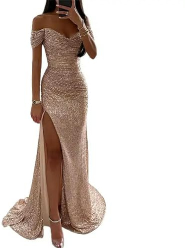 Gyios dress Elegant Off-shoulder Gown Dress Solid Color Long Sleeve Sequin V-neck Maxi Dress For Evening Party Female