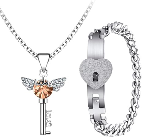 Flongo Schloss-Armband und Schlüssel-Halsketten-Set: Paare, Flügel, Herz, Kristall, Schlüsselanhänger, Schmuck, passendes kubanisches Schloss-Armband, Edelstahl, romantisches Valentinstag-Schmuck-Set