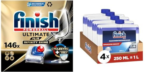 Finish Ultimate Plus Infinity Shine Spülmaschinentabs für intensive Reinigung – 2x73 Caps + Finish Maschinentiefenreiniger für eine saubere Spülmaschine – Sparpack mit 4 x 250 ml