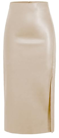MAOAEAD Falda larga de cuero negro para mujer con abertura alta, adelgazante, cintura alta, falda midi de piel sintética, falda sexy acampanada, beige, M