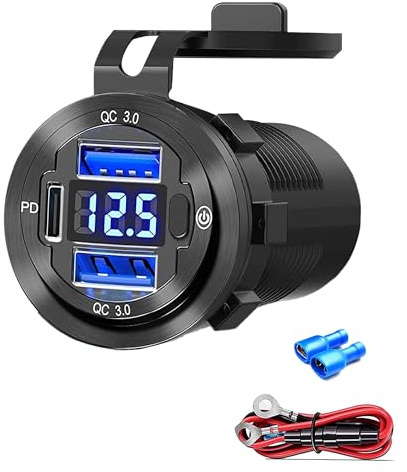 12V USB Car Socket, 3-Port Marine Aluminum USB Quick Charge Waterproof Cigarette Round USB C 12V Outlet for Car Golf Cart Boat Marine Bus Truck RV Marine Motorcycle etc(2QC+1PD(1Pack))