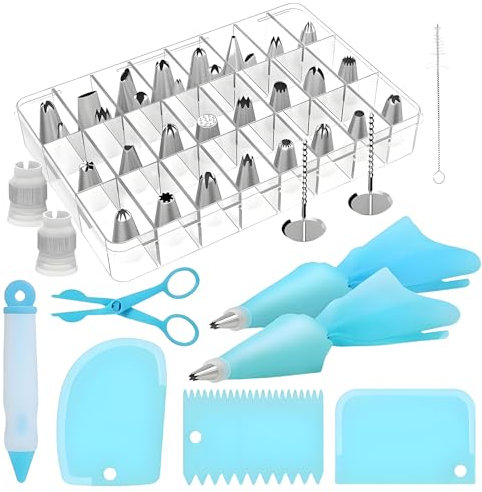 Aipeeo Manga Pastelera 42 Piezas,Juego de 30 Boquillas,2 Mangas Pasteleras Reutilizables,3 Espátulas,1 Tijeras Montaje,1 Pulverizador Cremas,1 Cepillo Limpieza,2 Alfileres Montaje,2 Convertidores