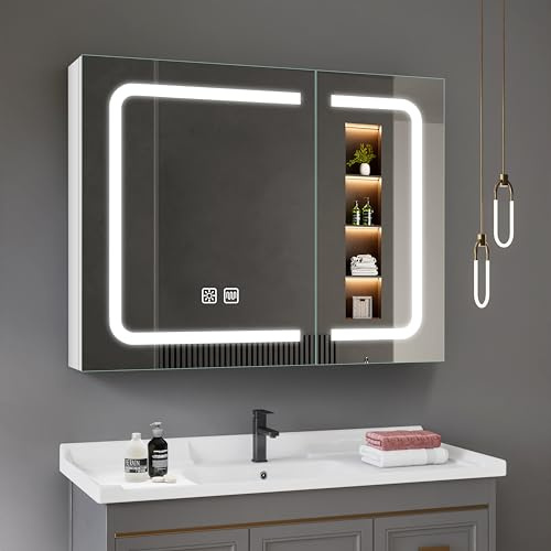 STARLEAD Spegelskåp badrum med belysning 60 x 80 cm, spegelskåp med belysning och uttag, avdimning, dimbar, 3 ljusfärger, LED-badrumsspegelskåp med justerbar hylla, HD härdat glas, vitt