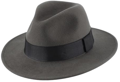 Home Prefer Fedora-Hut für Herren aus Wolle mit Band, klassische breite Krempe, Fedora-Hut für Männer und Frauen, Panama-Kleiderhut, grau dunkel, 7 1/4-7 1/2