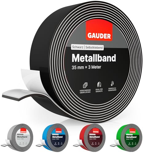 GAUDER Nastro metallico autoadesivo - Banda magnetica per magneti e figurine Tonie® & scaffali - Nastro ferro per fai-da-te e organizzazione (3 m x 35 mm - nero)