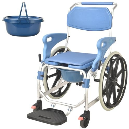 Miuxe Doccia Sedia Rotelle 4 in 1 Sedia da Trasporto Mobile con Ruote Semovente Toilette per Anziani, Comoda Comoda da Comodino in Alluminio con Poggiapiedi E Braccioli Ribaltabili