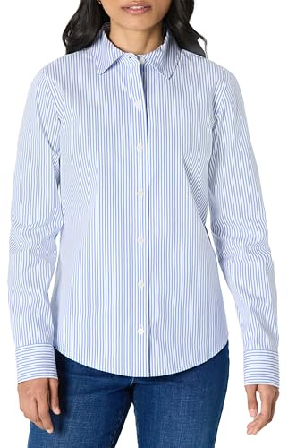 Amazon Essentials Camicia Elegante con Bottoni, in Popeline Elasticizzato Donna, Bianco Blu Mini Righe, XL