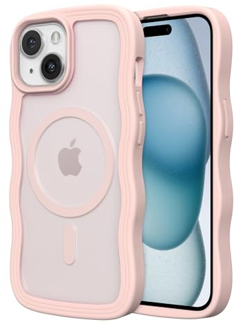 ZTOFERA Custodia magnetica per iPhone 15 Plus/iPhone 14 Plus, custodia in silicone con telaio ondulato riccio compatibile con MagSafe Cover per telefono opaca traslucida antiurto, rosa