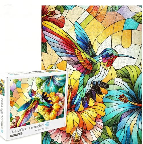 Sutinban Jigsaw Puzzles for Adults 1000 Piece Stained Glass Hummingbird with Floral Jigsaw Puzzles for Adults Home Decor or Gifts 50 * 70cm