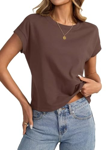 Onsoyours Crop Tops Damen Sommer Kurzarm Tshirt Casual Einfarbig Rundhals Oberteil A Braun S