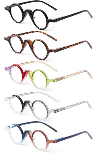 JM Lot de 5 ronde Lunettes de Lecture Homme Femme, Blocage de la Lumiere Bleue Monture Lunettes de Vue Lunettes Loupe Charnières à ressort +1.75