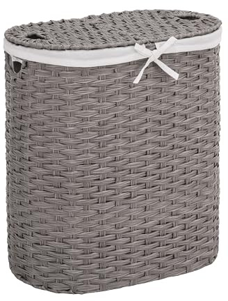 Seville Classics Premium Handwoven Portable Laundry Bin Basket with Carrying Handles, Household Storage for Clothes, Linens, Sheets, Gray, Oval Hamper