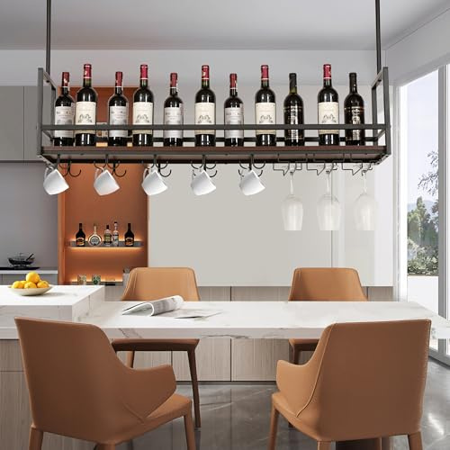 [en.casa] Weinregal Borejle 120 x 30 x 65 cm Schwarz/Walnussoptik | Weinglashalter, hängend, Bar Regal für Weinflaschen, Metallrahmen, Deckenregal, für Weingläser, Doppelhaken