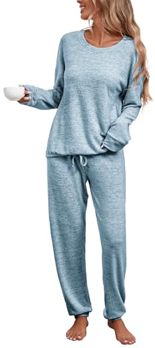 Famulily Ladies Fall Pyjamas Set Plain Round Neck Sleepwear Long Elastic Jogger Lounge Wear for Women UK Sky Blue XXL