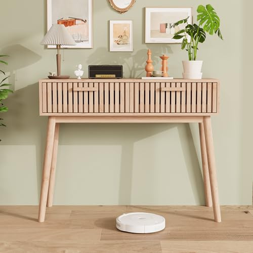 QMTXBYJ Table Console en rotin, Meuble d'Entrée, 100 x 35 x 80 cm, Table d'appoint avec 2 Grand Tiroirs, Console Meuble, Tables d’Entrée en Bois de Ferme avec Rangement pour Entrée, Chambre