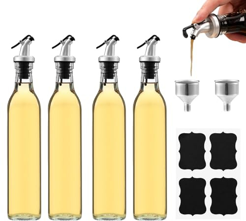 Oliera Bottiglie Vetro, 4PCS oliera Salvagoccia 500ML, Bottiglia d'Olio, Oliera Salvagoccia, Dispenser Olio d'Oliva e Aceto con Beccuccio, Imbuto in Acciaio Inossidabile, per Cucina, BBQ, Insalate